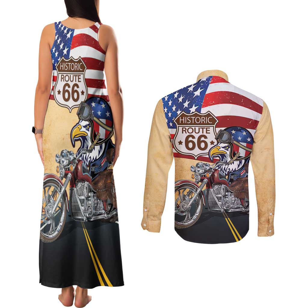 Route 66 United States Couples Matching Tank Maxi Dress and Long Sleeve Button Shirt Historic Highway USA Eagle With Motorcycle - Wonder Print Shop