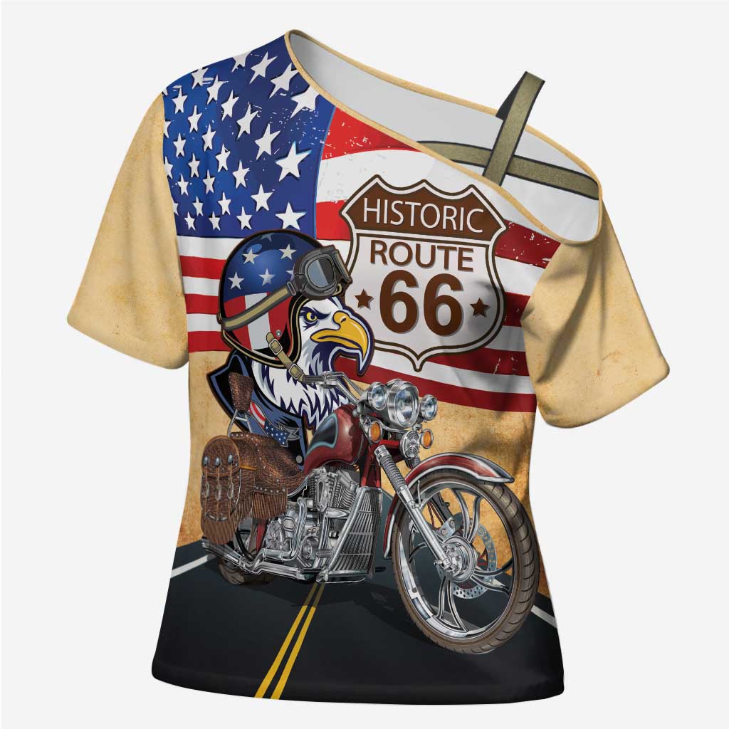 Route 66 United States Cross Shoulder Shirt Historic Highway USA Eagle With Motorcycle - Wonder Print Shop