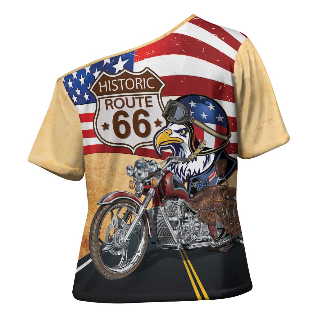 Route 66 United States Cross Shoulder Shirt Historic Highway USA Eagle With Motorcycle - Wonder Print Shop