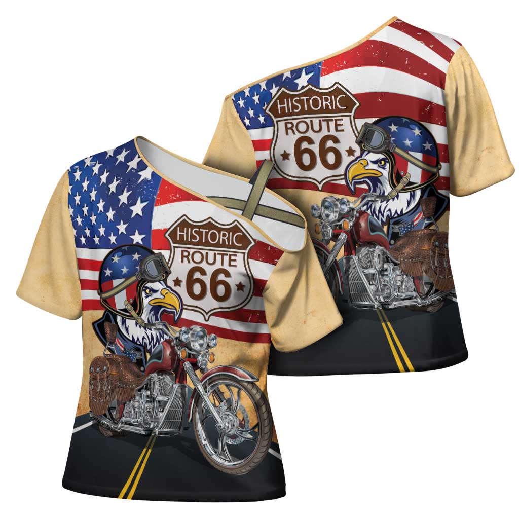 Route 66 United States Cross Shoulder Shirt Historic Highway USA Eagle With Motorcycle - Wonder Print Shop