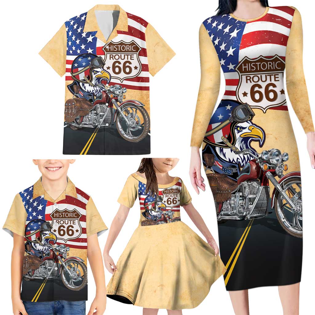 Route 66 United States Family Matching Long Sleeve Bodycon Dress and Hawaiian Shirt Historic Highway USA Eagle With Motorcycle - Wonder Print Shop