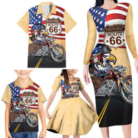 Route 66 United States Family Matching Long Sleeve Bodycon Dress and Hawaiian Shirt Historic Highway USA Eagle With Motorcycle - Wonder Print Shop