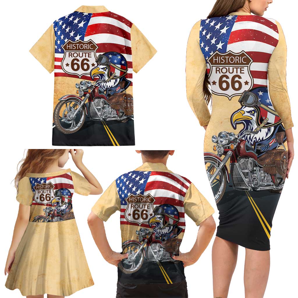 Route 66 United States Family Matching Long Sleeve Bodycon Dress and Hawaiian Shirt Historic Highway USA Eagle With Motorcycle - Wonder Print Shop