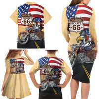 Route 66 United States Family Matching Long Sleeve Bodycon Dress and Hawaiian Shirt Historic Highway USA Eagle With Motorcycle - Wonder Print Shop