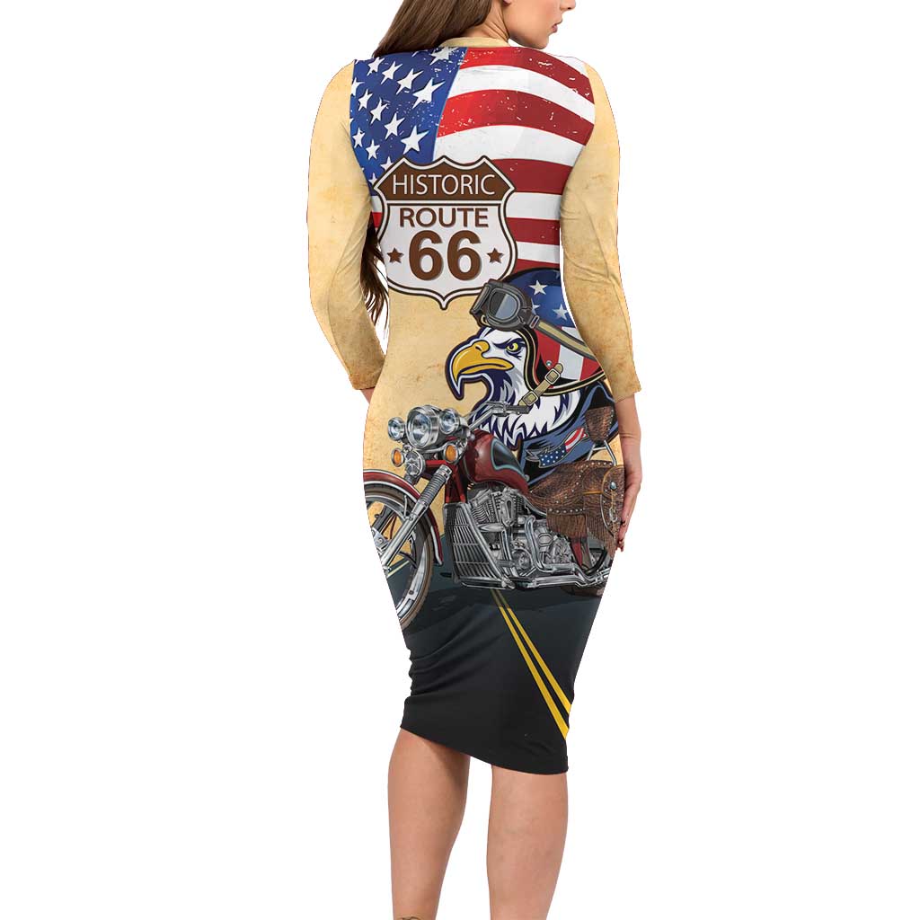Route 66 United States Family Matching Long Sleeve Bodycon Dress and Hawaiian Shirt Historic Highway USA Eagle With Motorcycle - Wonder Print Shop