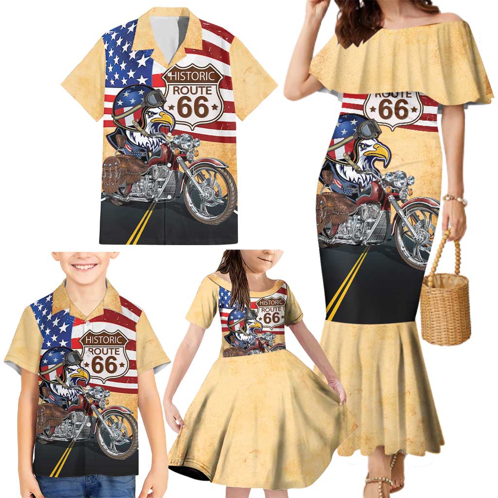 Route 66 United States Family Matching Mermaid Dress and Hawaiian Shirt Historic Highway USA Eagle With Motorcycle - Wonder Print Shop