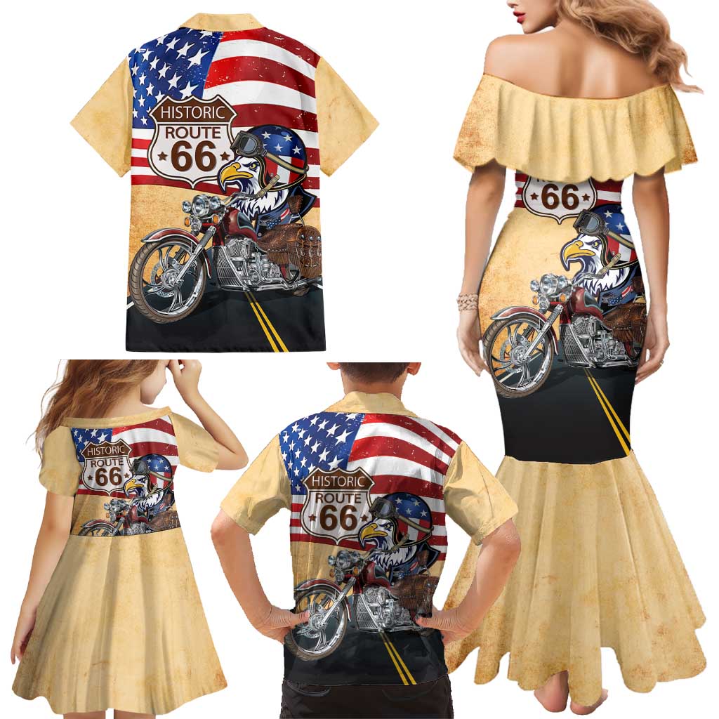 Route 66 United States Family Matching Mermaid Dress and Hawaiian Shirt Historic Highway USA Eagle With Motorcycle - Wonder Print Shop