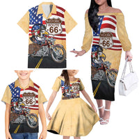 Route 66 United States Family Matching Off The Shoulder Long Sleeve Dress and Hawaiian Shirt Historic Highway USA Eagle With Motorcycle - Wonder Print Shop