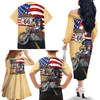 Route 66 United States Family Matching Off The Shoulder Long Sleeve Dress and Hawaiian Shirt Historic Highway USA Eagle With Motorcycle - Wonder Print Shop