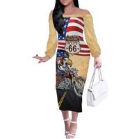 Route 66 United States Family Matching Off The Shoulder Long Sleeve Dress and Hawaiian Shirt Historic Highway USA Eagle With Motorcycle - Wonder Print Shop