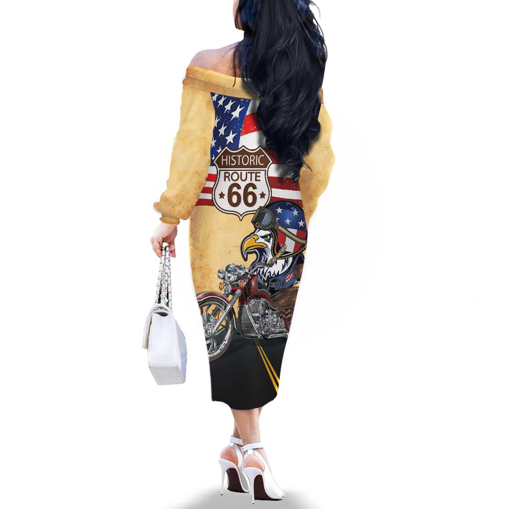 Route 66 United States Family Matching Off The Shoulder Long Sleeve Dress and Hawaiian Shirt Historic Highway USA Eagle With Motorcycle - Wonder Print Shop