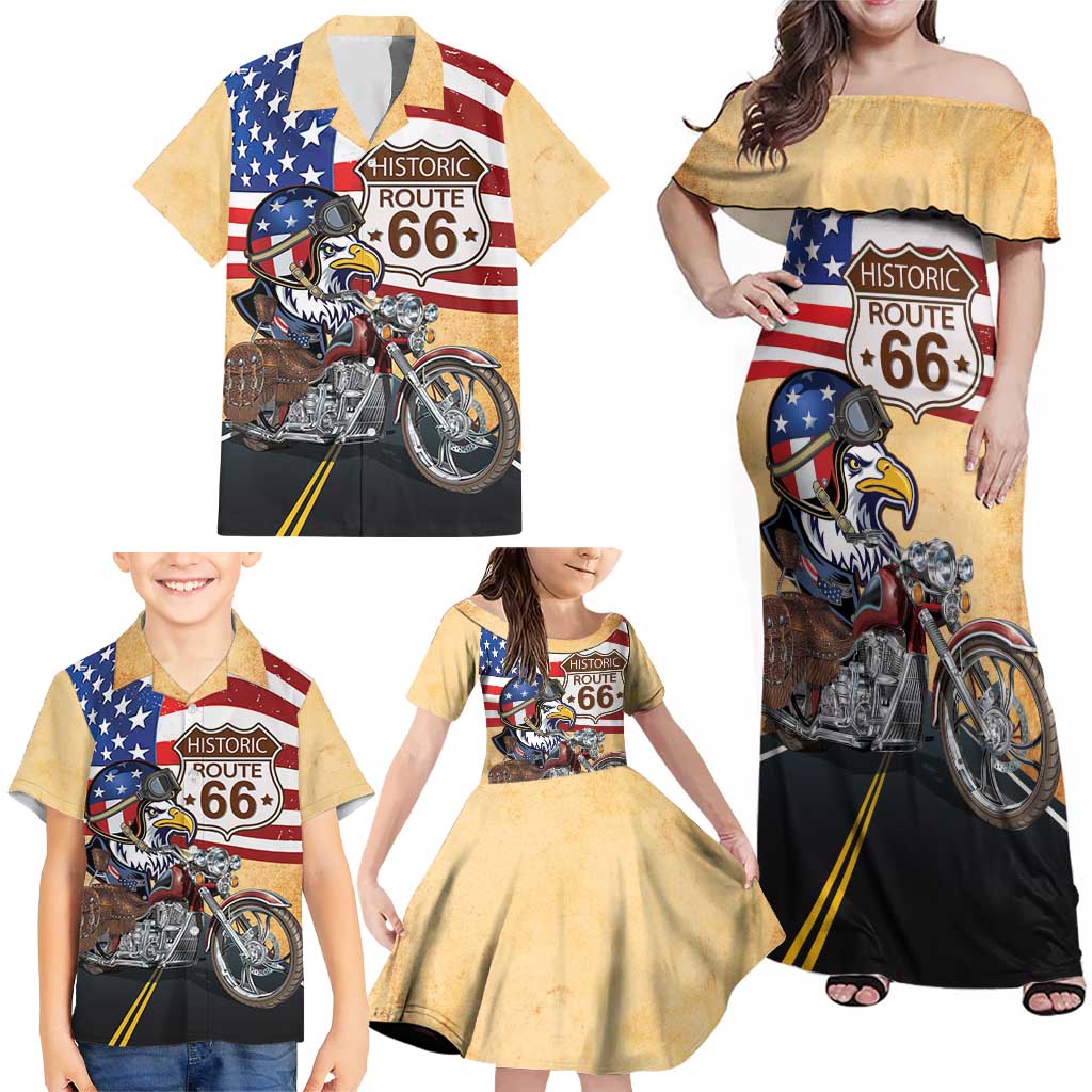 Route 66 United States Family Matching Off Shoulder Maxi Dress and Hawaiian Shirt Historic Highway USA Eagle With Motorcycle - Wonder Print Shop