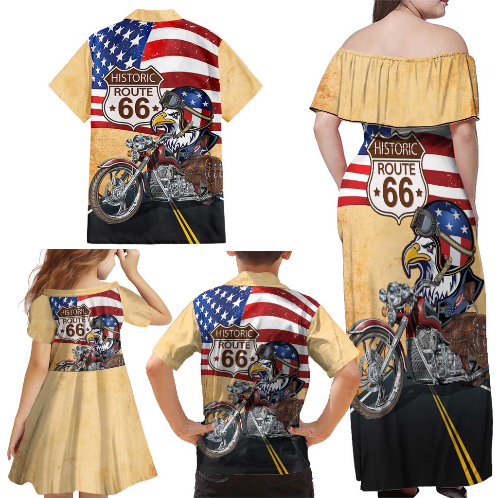 Route 66 United States Family Matching Off Shoulder Maxi Dress and Hawaiian Shirt Historic Highway USA Eagle With Motorcycle - Wonder Print Shop
