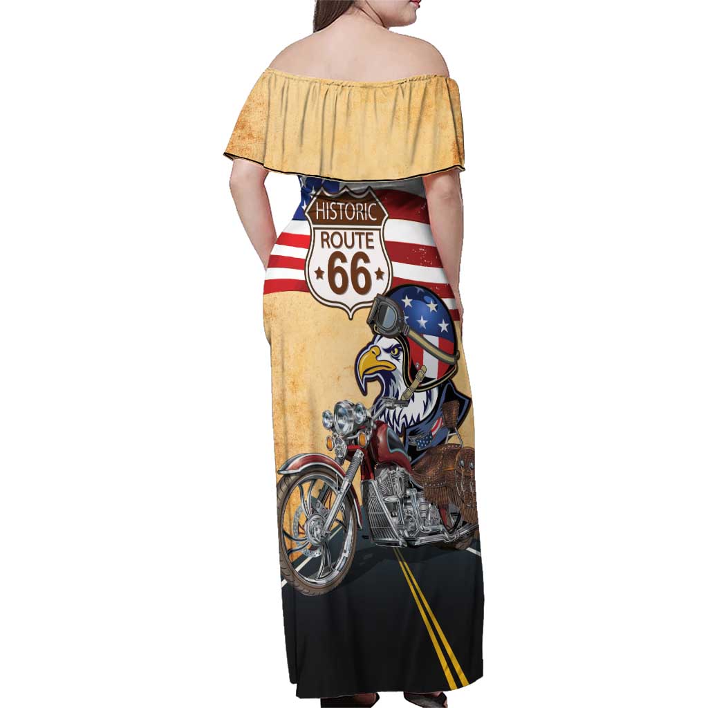 Route 66 United States Family Matching Off Shoulder Maxi Dress and Hawaiian Shirt Historic Highway USA Eagle With Motorcycle - Wonder Print Shop
