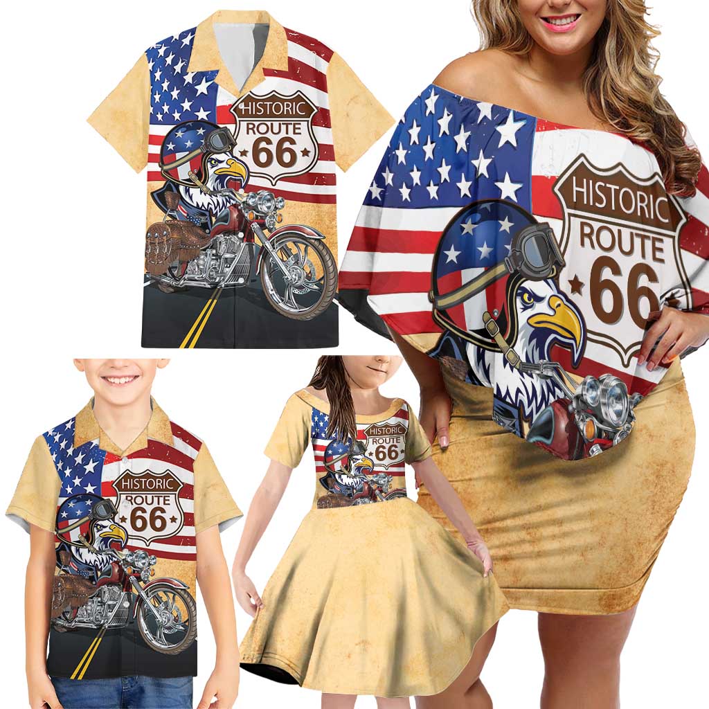 Route 66 United States Family Matching Off Shoulder Short Dress and Hawaiian Shirt Historic Highway USA Eagle With Motorcycle - Wonder Print Shop
