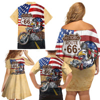 Route 66 United States Family Matching Off Shoulder Short Dress and Hawaiian Shirt Historic Highway USA Eagle With Motorcycle - Wonder Print Shop