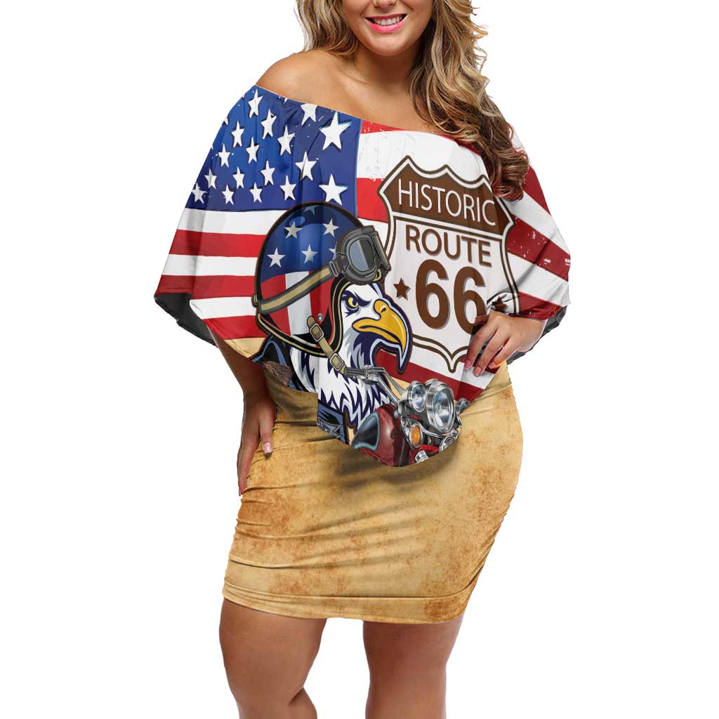Route 66 United States Family Matching Off Shoulder Short Dress and Hawaiian Shirt Historic Highway USA Eagle With Motorcycle - Wonder Print Shop