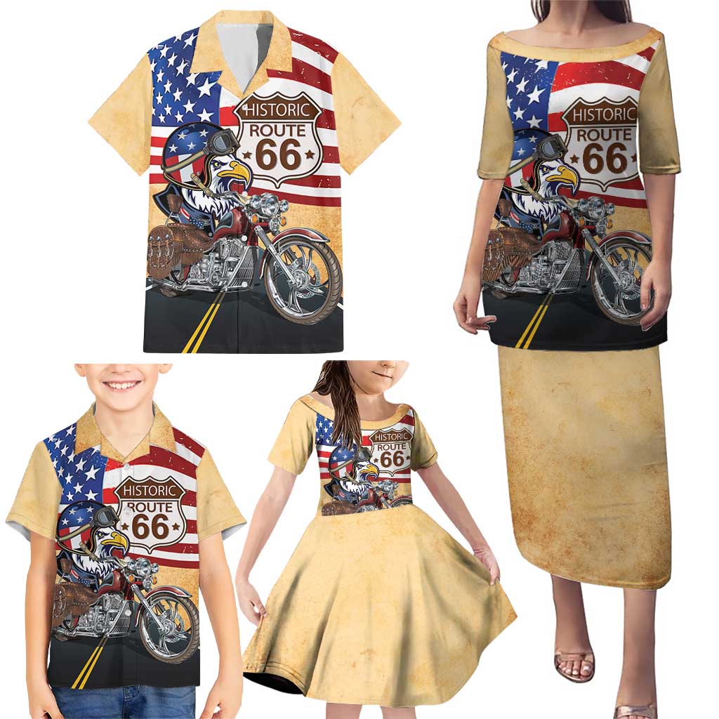 Route 66 United States Family Matching Puletasi and Hawaiian Shirt Historic Highway USA Eagle With Motorcycle - Wonder Print Shop