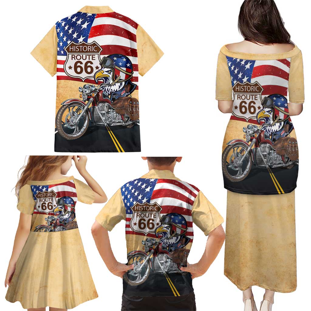 Route 66 United States Family Matching Puletasi and Hawaiian Shirt Historic Highway USA Eagle With Motorcycle - Wonder Print Shop