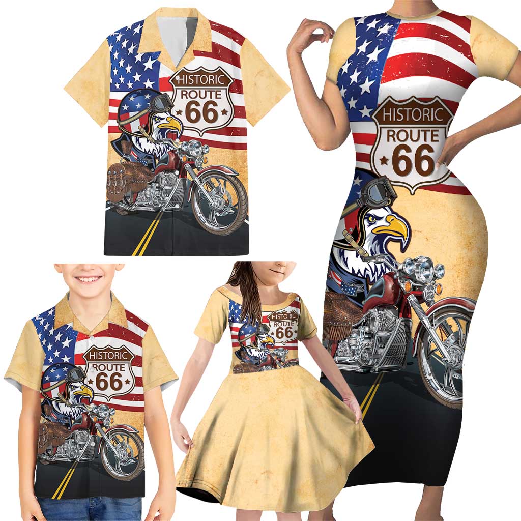 Route 66 United States Family Matching Short Sleeve Bodycon Dress and Hawaiian Shirt Historic Highway USA Eagle With Motorcycle - Wonder Print Shop