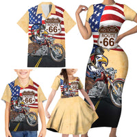 Route 66 United States Family Matching Short Sleeve Bodycon Dress and Hawaiian Shirt Historic Highway USA Eagle With Motorcycle - Wonder Print Shop