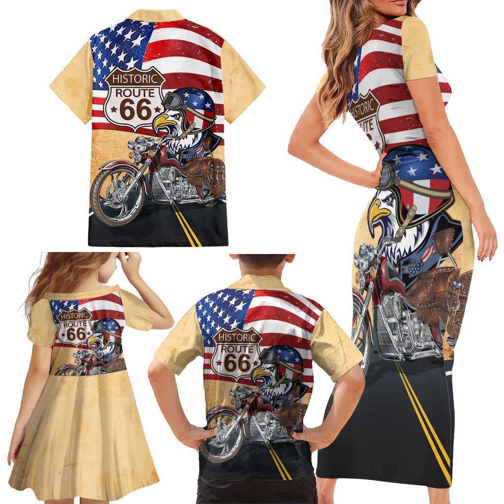 Route 66 United States Family Matching Short Sleeve Bodycon Dress and Hawaiian Shirt Historic Highway USA Eagle With Motorcycle - Wonder Print Shop
