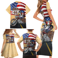 Route 66 United States Family Matching Short Sleeve Bodycon Dress and Hawaiian Shirt Historic Highway USA Eagle With Motorcycle - Wonder Print Shop