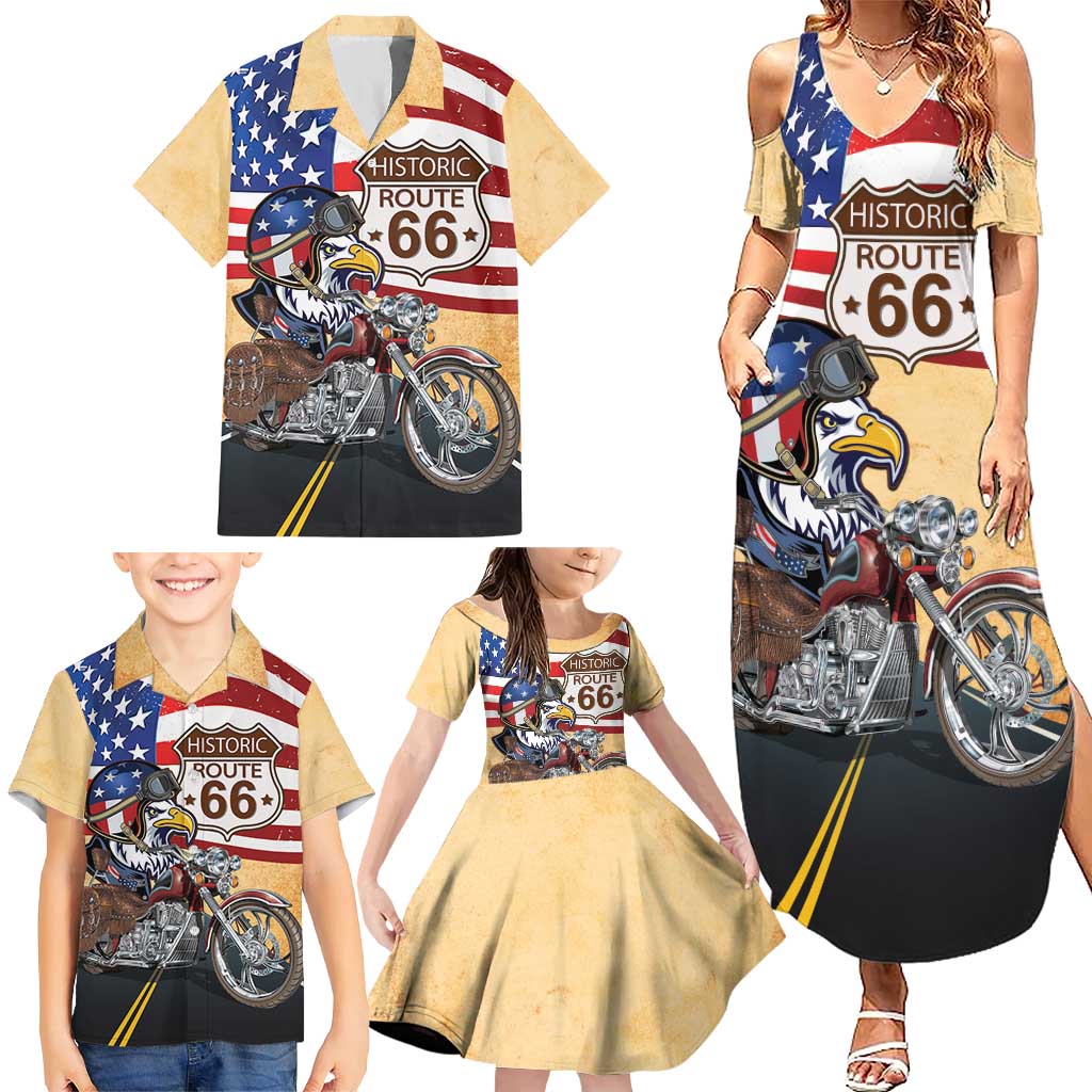 Route 66 United States Family Matching Summer Maxi Dress and Hawaiian Shirt Historic Highway USA Eagle With Motorcycle - Wonder Print Shop