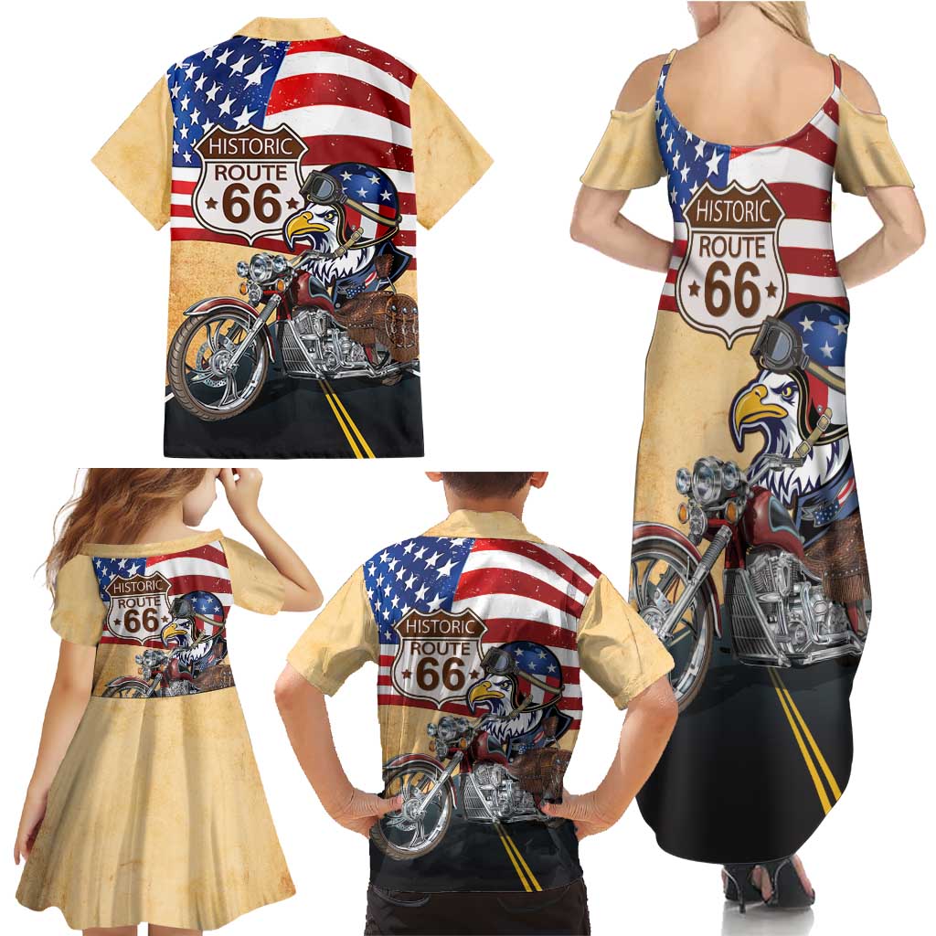Route 66 United States Family Matching Summer Maxi Dress and Hawaiian Shirt Historic Highway USA Eagle With Motorcycle - Wonder Print Shop