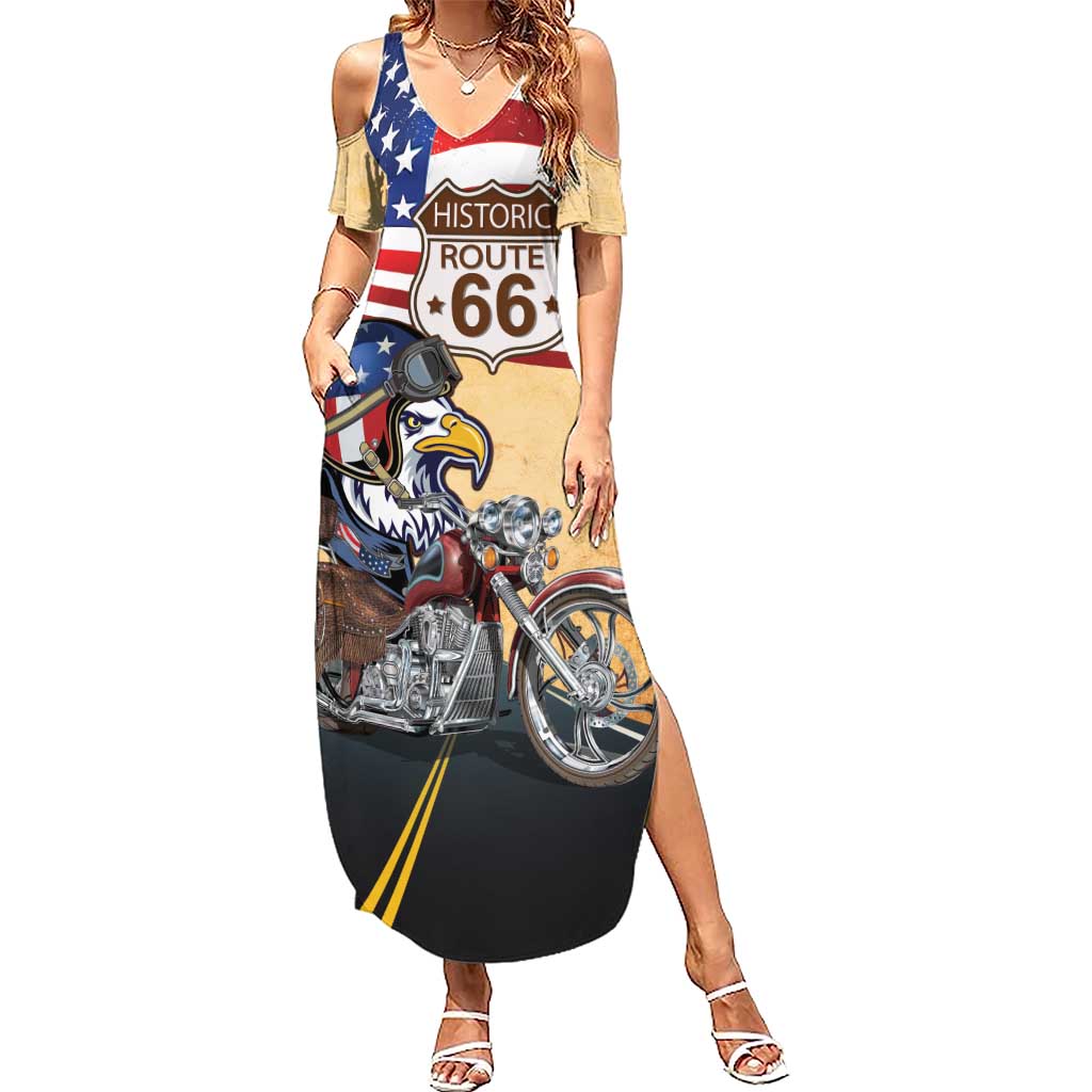 Route 66 United States Family Matching Summer Maxi Dress and Hawaiian Shirt Historic Highway USA Eagle With Motorcycle - Wonder Print Shop