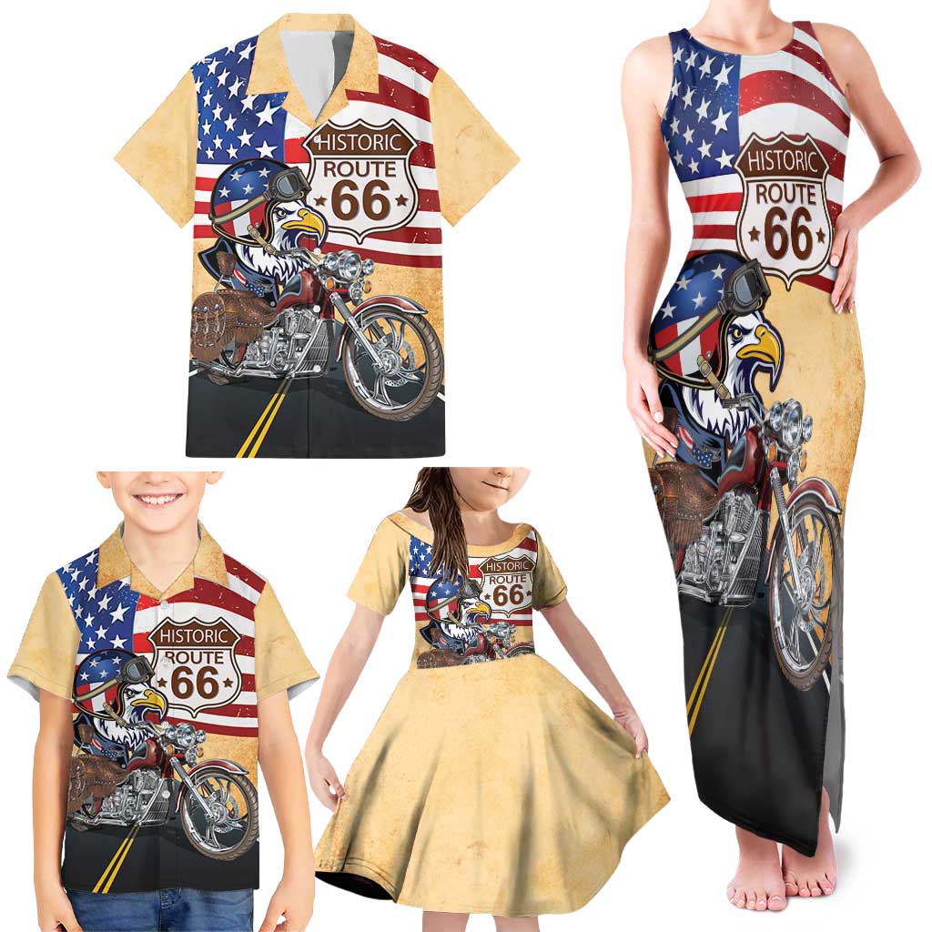 Route 66 United States Family Matching Tank Maxi Dress and Hawaiian Shirt Historic Highway USA Eagle With Motorcycle - Wonder Print Shop