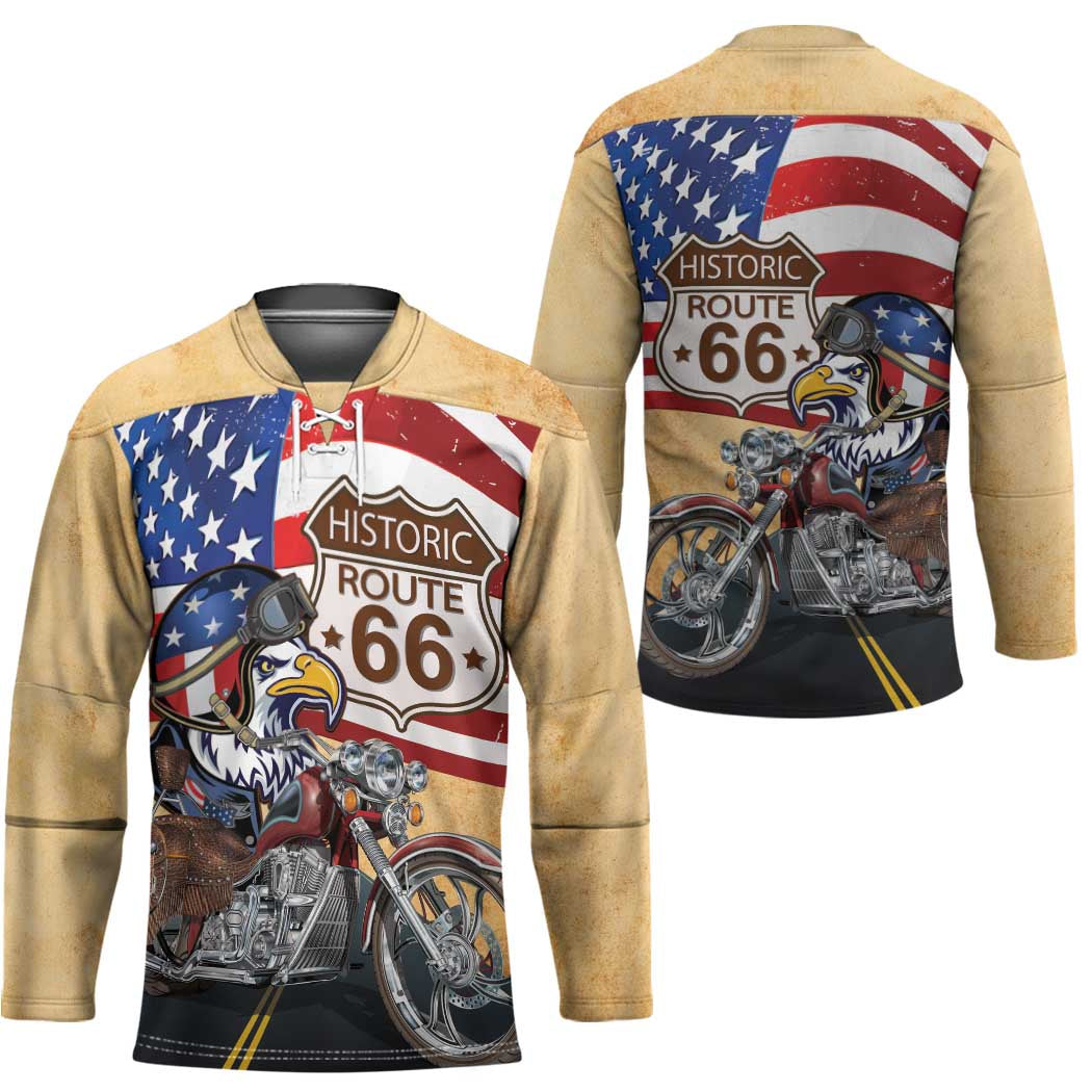 Route 66 United States Hockey Jersey Historic Highway USA Eagle With Motorcycle - Wonder Print Shop