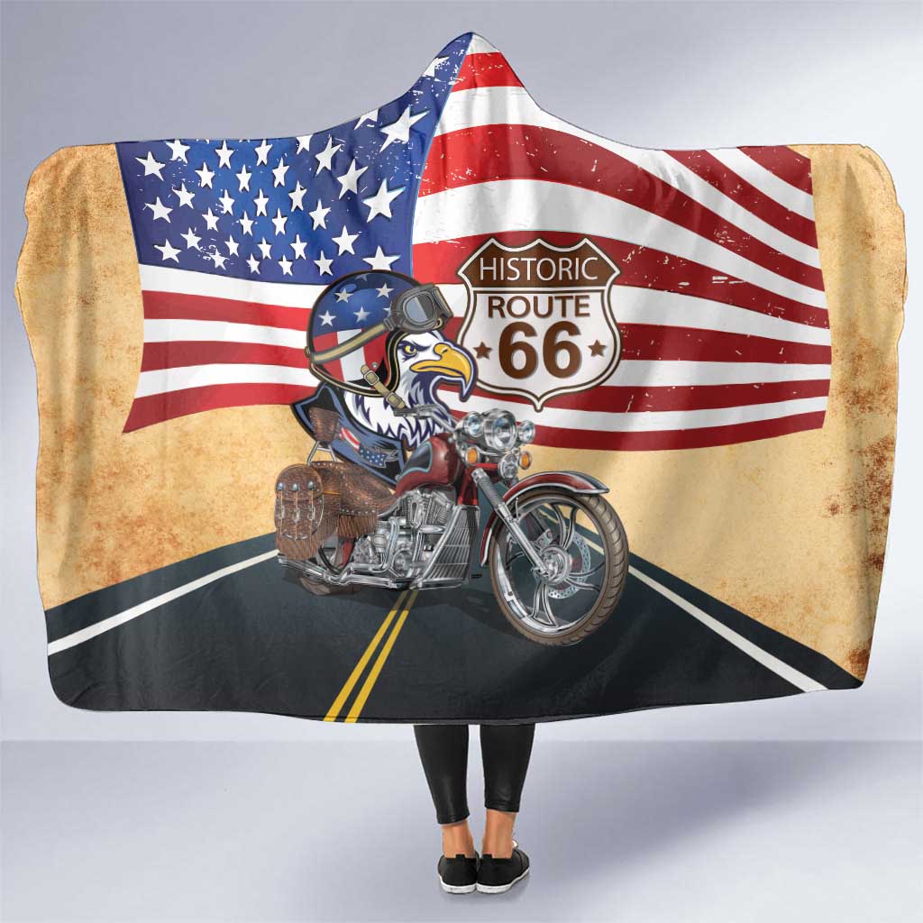 Route 66 United States Hooded Blanket Historic Highway USA Eagle With Motorcycle - Wonder Print Shop