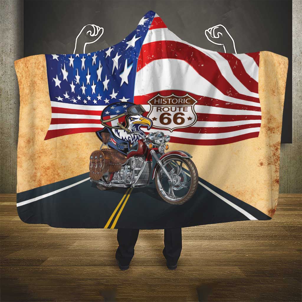 Route 66 United States Hooded Blanket Historic Highway USA Eagle With Motorcycle - Wonder Print Shop