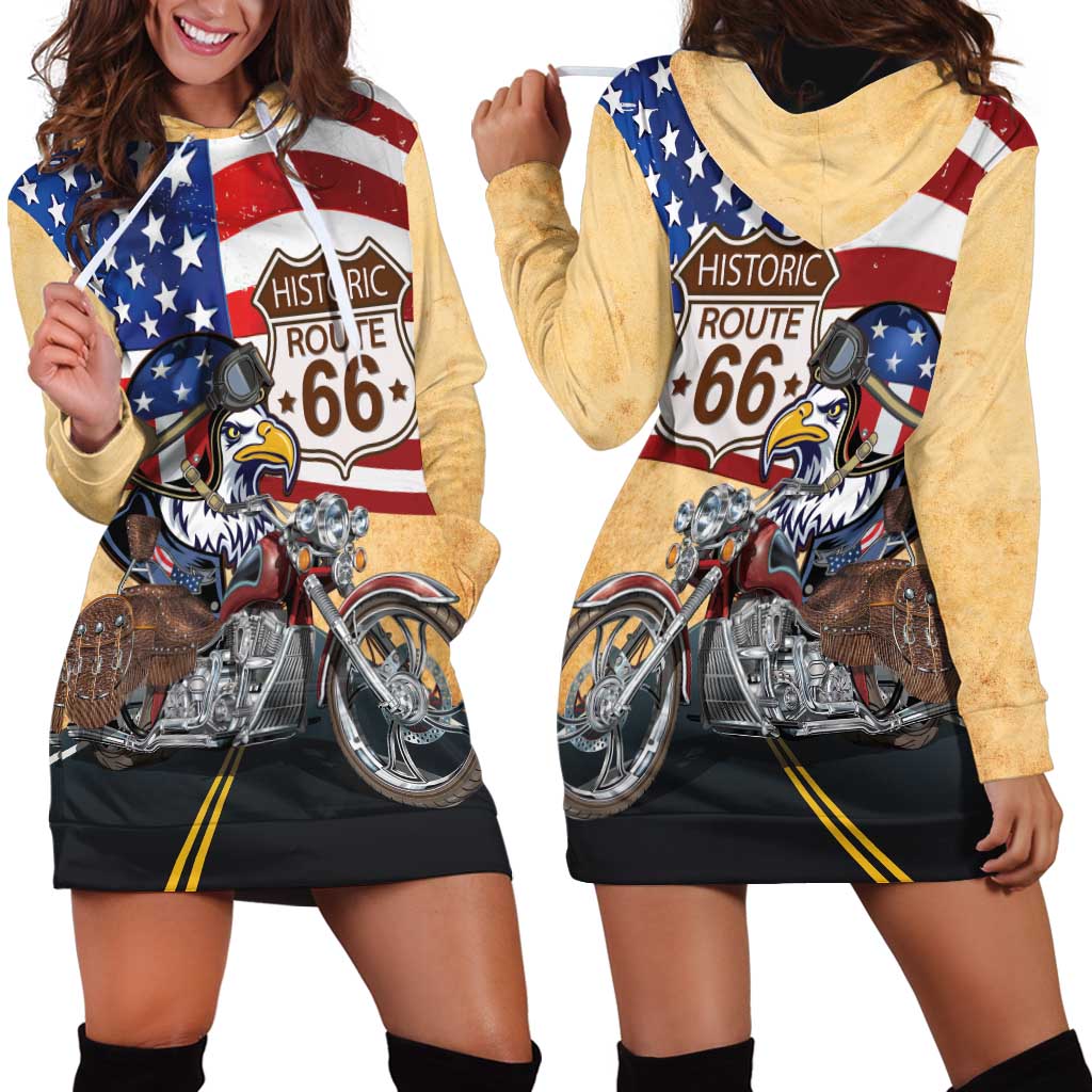 Route 66 United States Hoodie Dress Historic Highway USA Eagle With Motorcycle - Wonder Print Shop
