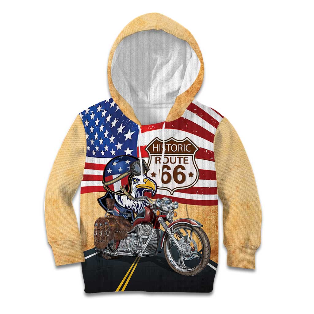 Route 66 United States Kid Hoodie Historic Highway USA Eagle With Motorcycle - Wonder Print Shop