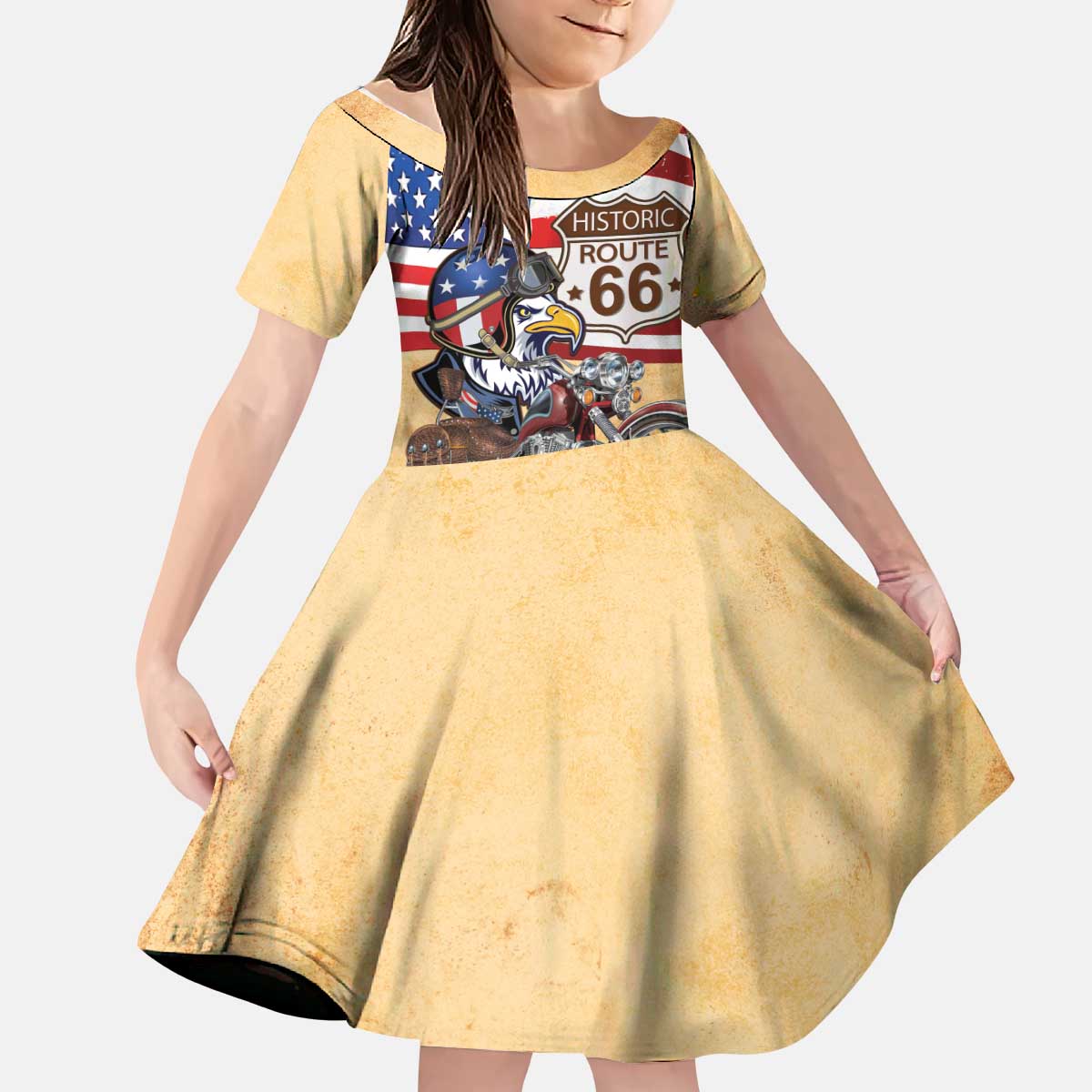 Route 66 United States Kid Short Sleeve Dress Historic Highway USA Eagle With Motorcycle - Wonder Print Shop