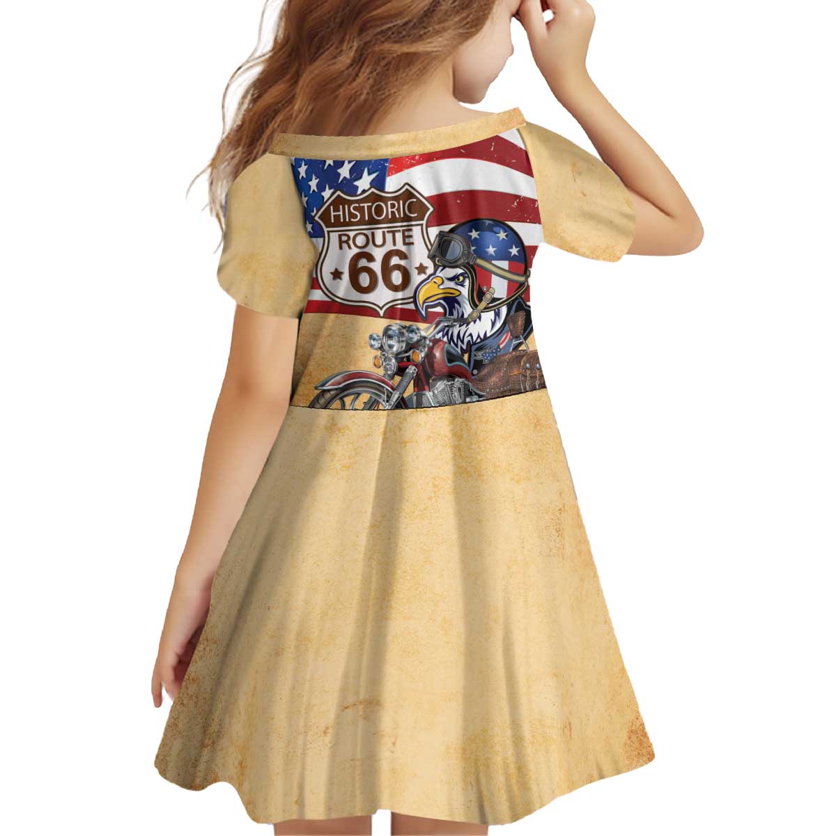 Route 66 United States Kid Short Sleeve Dress Historic Highway USA Eagle With Motorcycle - Wonder Print Shop