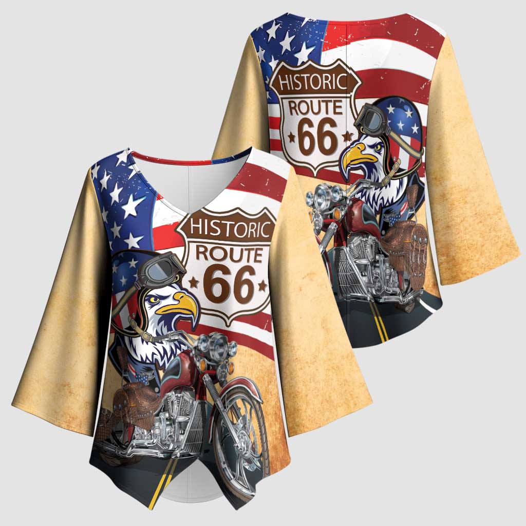 Route 66 United States Kimono Sleeve Blouse Historic Highway USA Eagle With Motorcycle - Wonder Print Shop