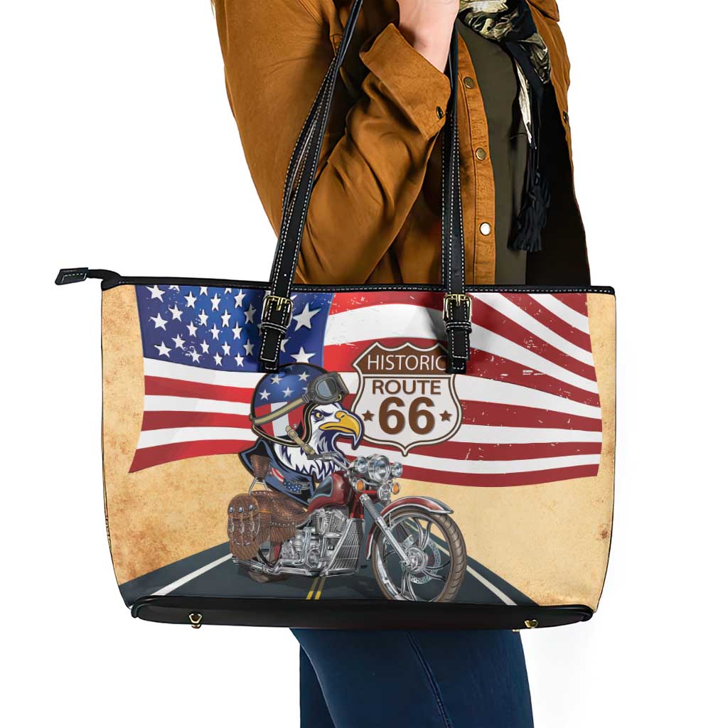 Route 66 United States Leather Tote Bag Historic Highway USA Eagle With Motorcycle - Wonder Print Shop