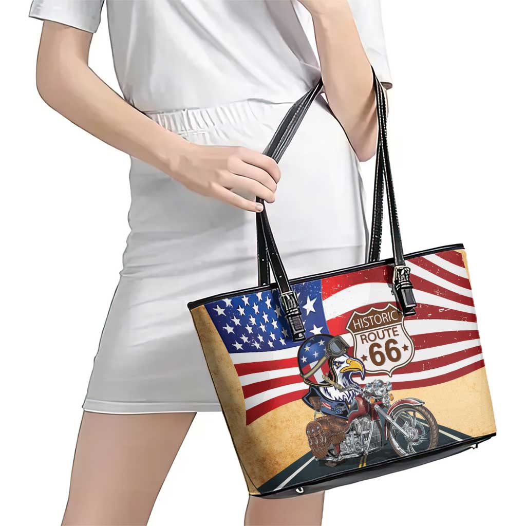 Route 66 United States Leather Tote Bag Historic Highway USA Eagle With Motorcycle - Wonder Print Shop