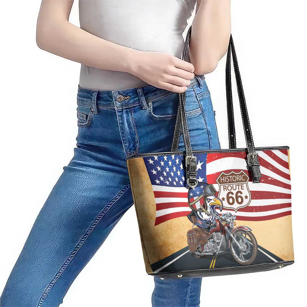 Route 66 United States Leather Tote Bag Historic Highway USA Eagle With Motorcycle - Wonder Print Shop