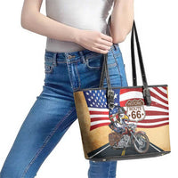 Route 66 United States Leather Tote Bag Historic Highway USA Eagle With Motorcycle - Wonder Print Shop
