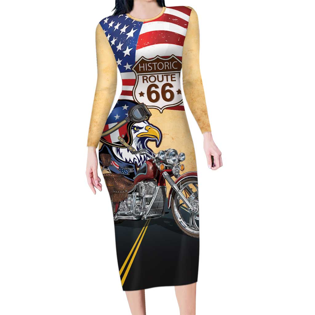 Route 66 United States Long Sleeve Bodycon Dress Historic Highway USA Eagle With Motorcycle - Wonder Print Shop