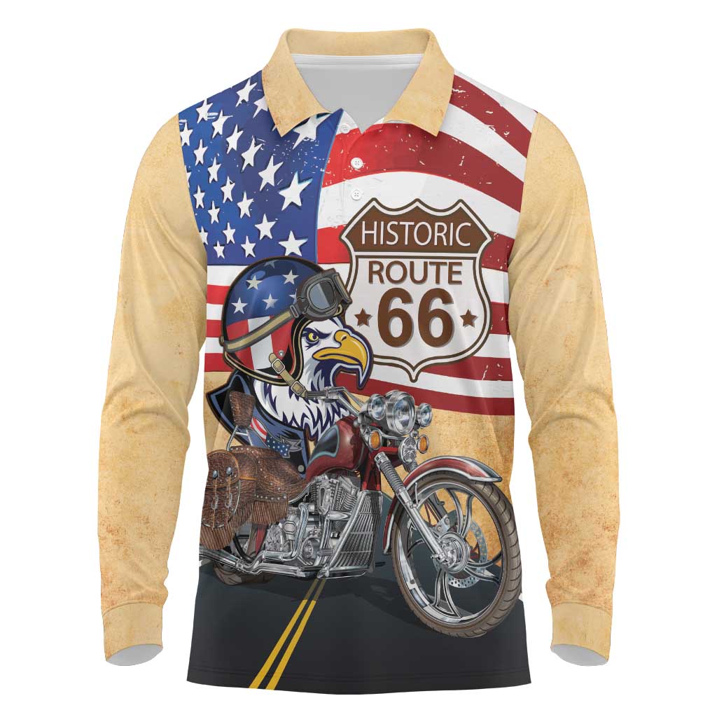 Route 66 United States Long Sleeve Polo Shirt Historic Highway USA Eagle With Motorcycle - Wonder Print Shop
