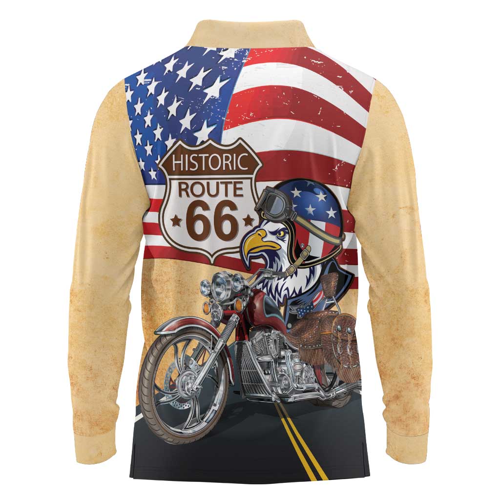 Route 66 United States Long Sleeve Polo Shirt Historic Highway USA Eagle With Motorcycle - Wonder Print Shop