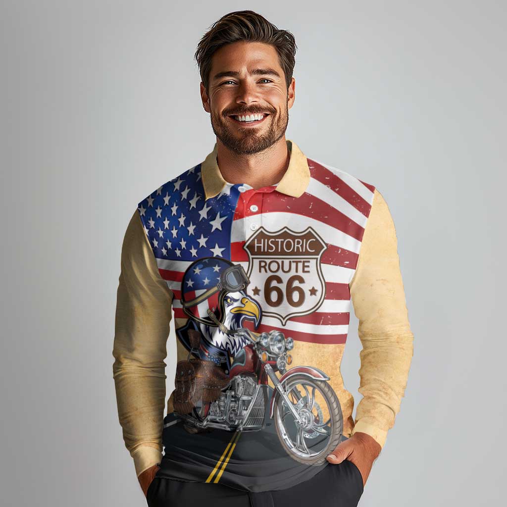 Route 66 United States Long Sleeve Polo Shirt Historic Highway USA Eagle With Motorcycle - Wonder Print Shop