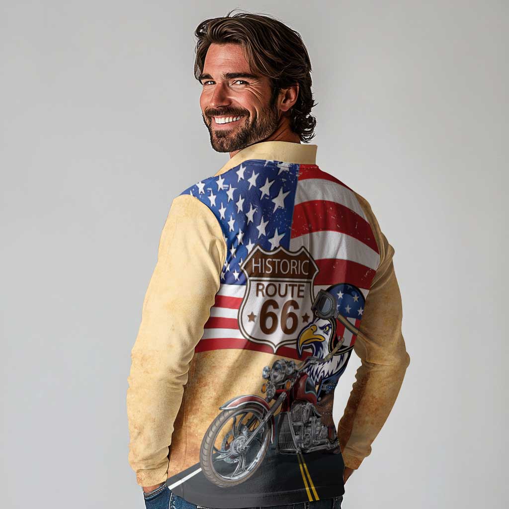 Route 66 United States Long Sleeve Polo Shirt Historic Highway USA Eagle With Motorcycle - Wonder Print Shop