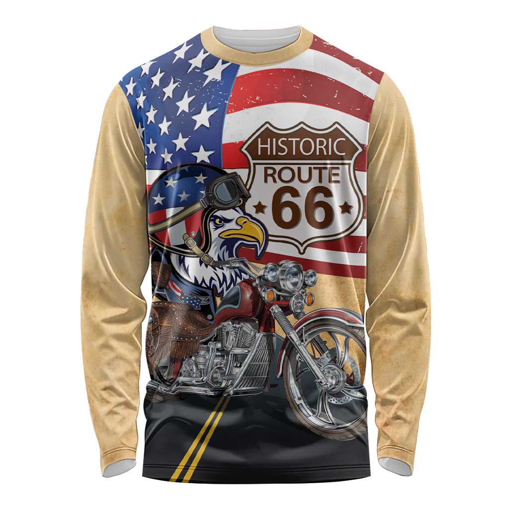 Route 66 United States Long Sleeve Shirt Historic Highway USA Eagle With Motorcycle - Wonder Print Shop