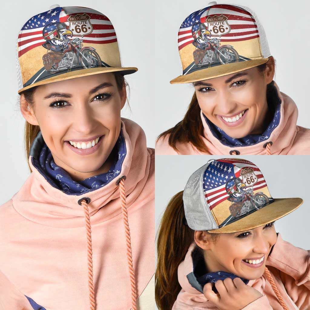 Route 66 United States Mesh Trucker Cap Historic Highway USA Eagle With Motorcycle - Wonder Print Shop